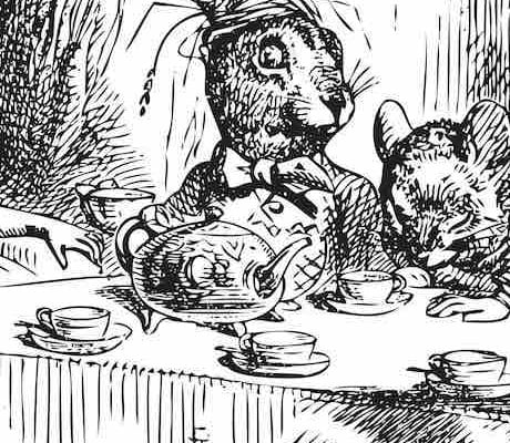 Black and white illustration of Alice in Wonderland at the Mad Hatter Tea Party
